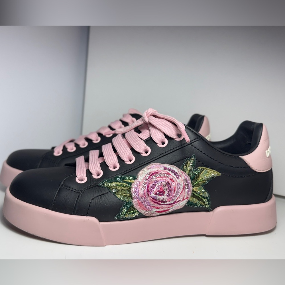 Dolce & Gabbana Black and Pink Floral Sneakers - Picture 2 of 6